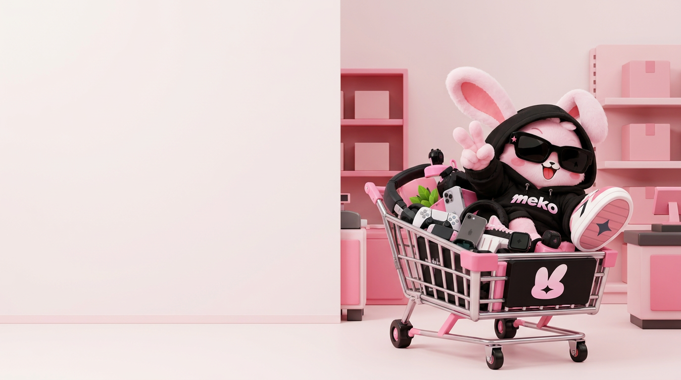 Meko, our pink bunny in a black hoodie and sunglasses, riding a cart of cool finds